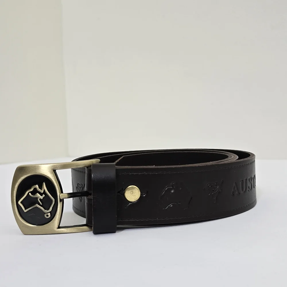 AUSTRALIA belt size 36 Leather Brown Embossed Kangaroo Map Symbols Gold Buckle